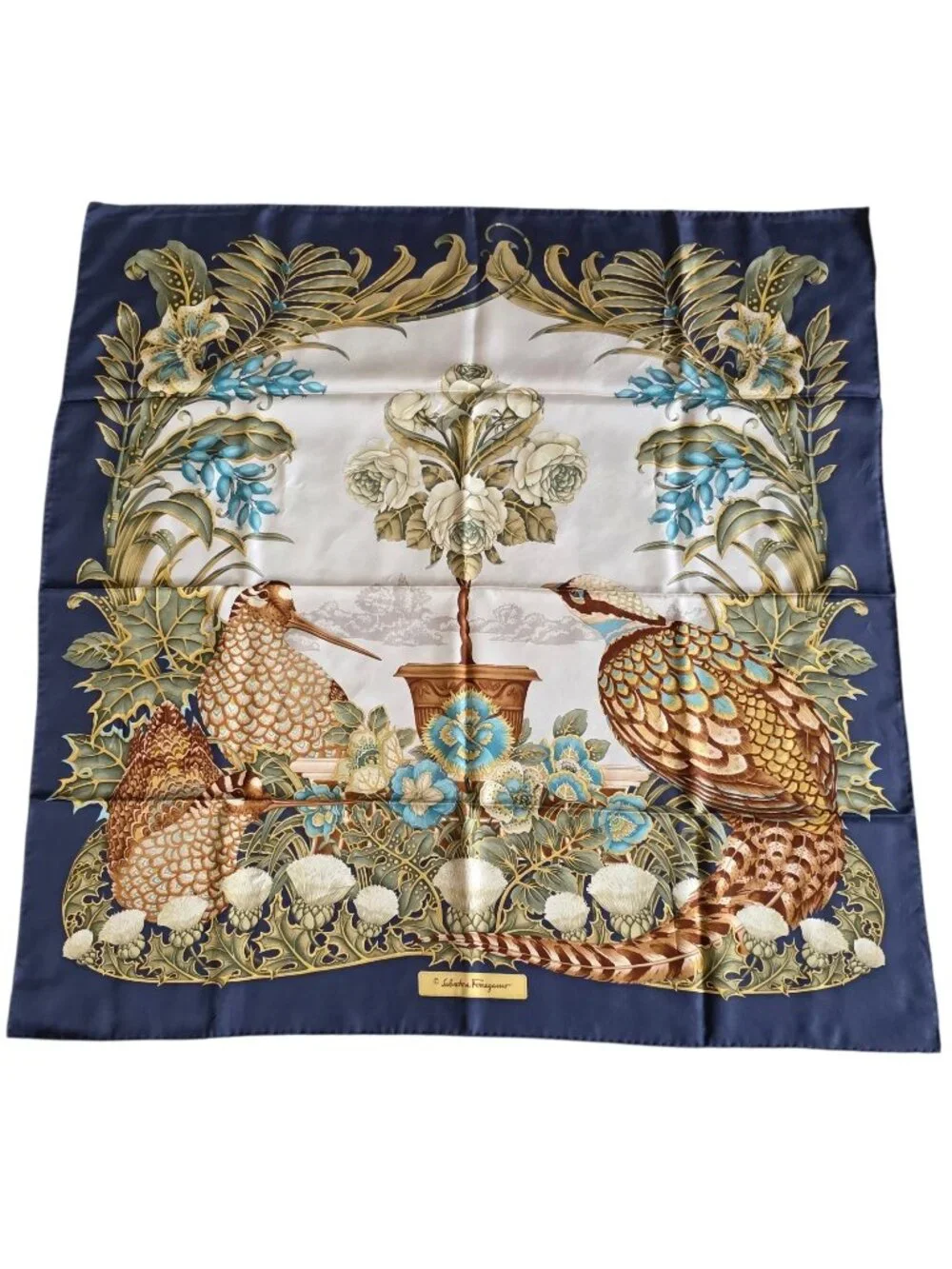 Vtg Salvatore Ferragamo Blue Pheasant Bird Silk Floral Print Hand Rolled Scarf